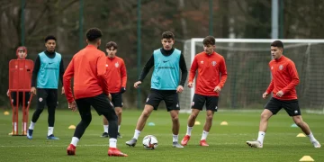 Jovens atletas em treinamento intenso em uma academia de futebol de base, com foco no desenvolvimento técnico e tático.