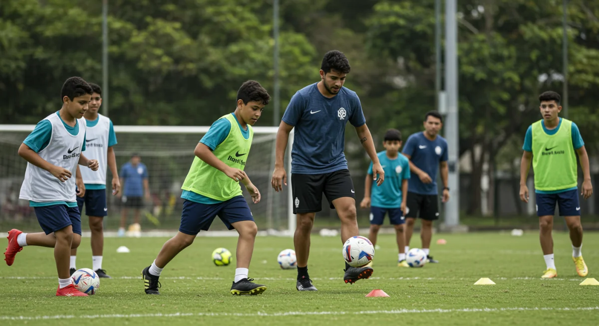 Jovens atletas brasileiros treinando com dedicação, sonhando com uma carreira no futebol profissional.