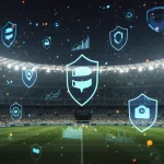 Estádio de futebol brasileiro com elementos gráficos de proteção de dados e finanças, simbolizando o impacto da LGPD nos clubes.