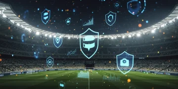 Estádio de futebol brasileiro com elementos gráficos de proteção de dados e finanças, simbolizando o impacto da LGPD nos clubes.