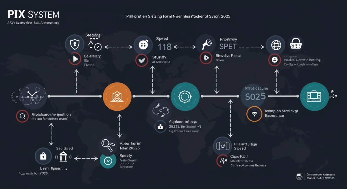 Gráfico de linha do tempo com ícones de segurança e velocidade, destacando as novas regras do Pix para 2025.