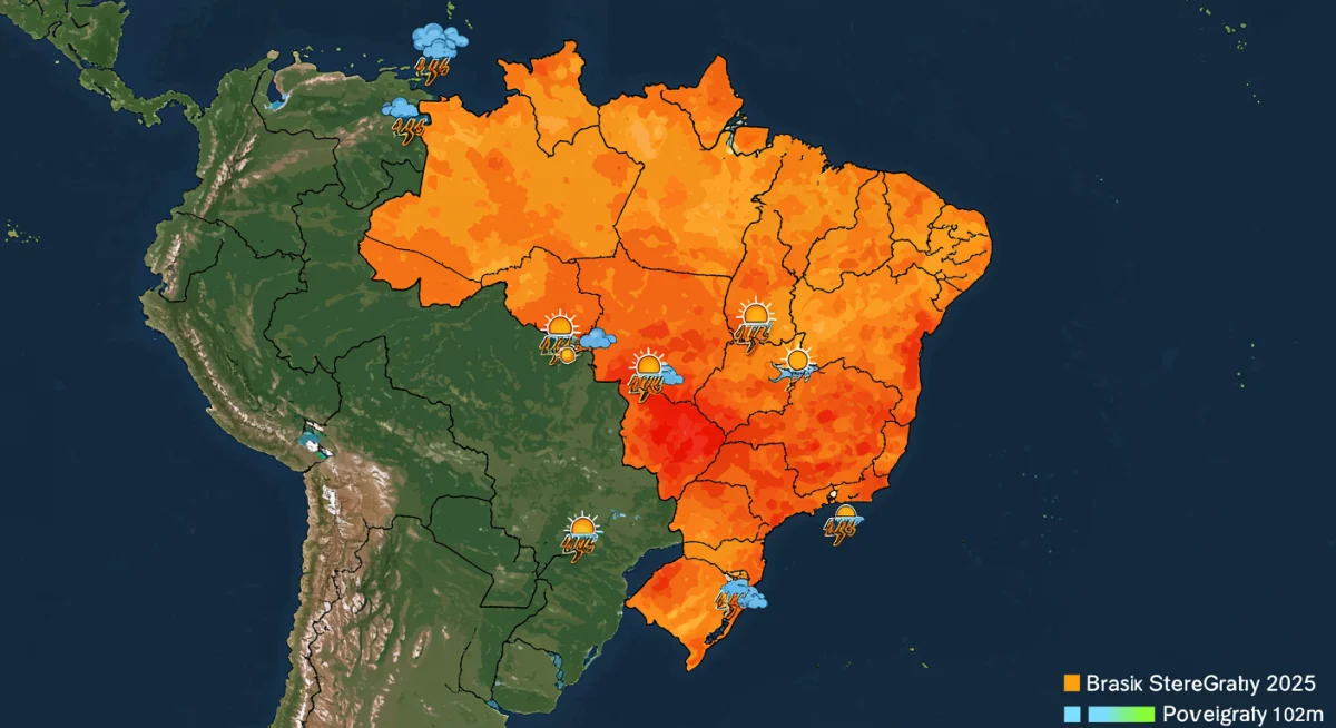 Mapa meteorológico do Brasil com áreas em tons quentes indicando temperaturas elevadas para o verão de 2025.