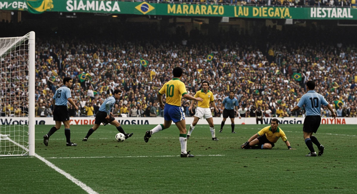 Cena dramática do 'Maracanaço' de 1950, mostrando o gol decisivo do Uruguai contra o Brasil na final da Copa do Mundo, com a torcida brasileira em consternação.
