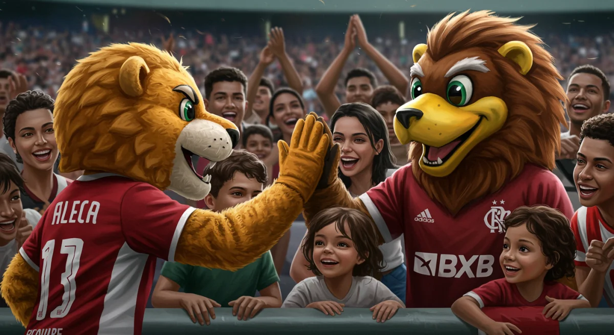 Mascote de um clube de futebol interagindo diretamente com fãs de diversas idades, transmitindo alegria e fortalecendo o vínculo emocional no estádio.