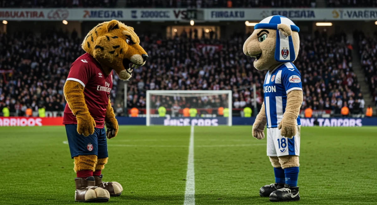 Mascotes de clubes rivais frente a frente no campo, representando a essência da competição e da identidade de cada time.