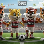 Mascotes no Futebol: Ícones que Moldam a Cultura e Conectam Fãs Quatro mascotes icônicos de clubes de futebol brasileiros, vibrantes e cheios de energia, em um campo de jogo cercados por torcedores apaixonados.