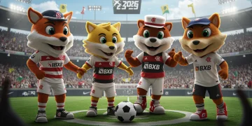 Quatro mascotes icônicos de clubes de futebol brasileiros, vibrantes e cheios de energia, em um campo de jogo cercados por torcedores apaixonados.