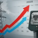 Medidor de energia elétrica com seta ascendente e calendário de 2025, simbolizando o aumento da conta de luz.