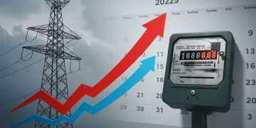 Medidor de energia elétrica com seta ascendente e calendário de 2025, simbolizando o aumento da conta de luz.