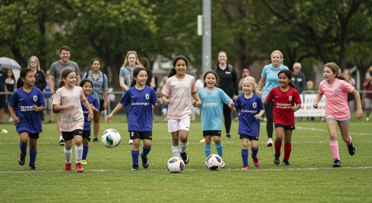 Meninas jogando futebol com alegria em um campo comunitário, representando o futuro e a base do futebol feminino no Brasil.