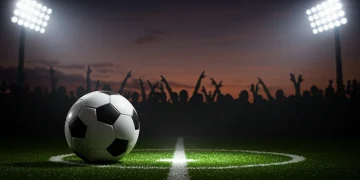 Um estádio de futebol ao entardecer, com uma bola sob os holofotes, simbolizando as oportunidades do Mercado da Bola 2025.