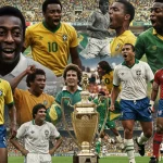 Montagem vibrante de momentos históricos e icônicos do futebol brasileiro, com jogadores lendários e torcedores celebrando vitórias e gols, simbolizando a rica cultura do esporte no Brasil.