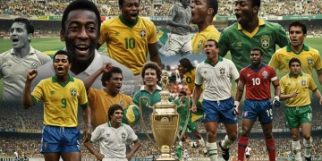 Montagem vibrante de momentos históricos e icônicos do futebol brasileiro, com jogadores lendários e torcedores celebrando vitórias e gols, simbolizando a rica cultura do esporte no Brasil.