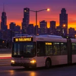 Transporte público em 2025: Novas tarifas e frota ampliada nos centros urbanos Ônibus moderno em movimento em uma grande cidade, simbolizando as inovações no transporte público em 2025.