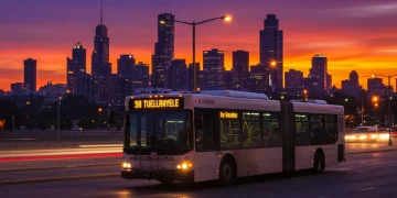 Ônibus moderno em movimento em uma grande cidade, simbolizando as inovações no transporte público em 2025.