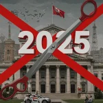 Edifício governamental com tesouras sobrepostas e '2025', simbolizando cortes no orçamento federal e seus impactos em serviços públicos essenciais como educação e saúde.