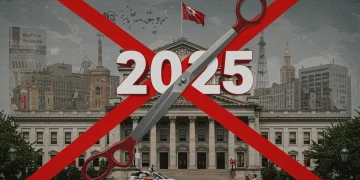Edifício governamental com tesouras sobrepostas e '2025', simbolizando cortes no orçamento federal e seus impactos em serviços públicos essenciais como educação e saúde.