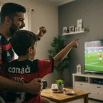 Pai e filho celebrando um gol de futebol juntos, vestindo a camisa do time, em uma sala decorada com itens do clube.