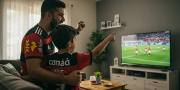 Pai e filho celebrando um gol de futebol juntos, vestindo a camisa do time, em uma sala decorada com itens do clube.