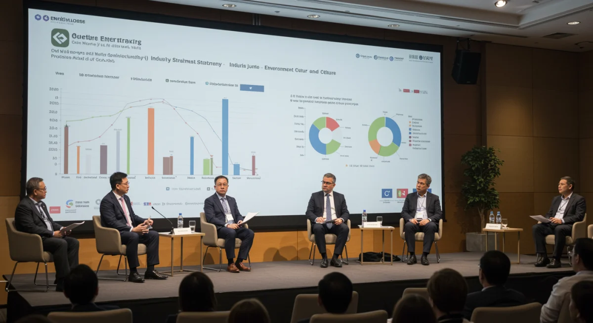 Profissionais do setor cultural e de entretenimento discutindo estratégias de crescimento e projeções financeiras para 2025 em um painel de conferência.