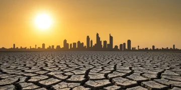 Paisagem árida com terra rachada sob o sol, simbolizando a crise hídrica de 2025 e a escassez de água no Brasil.