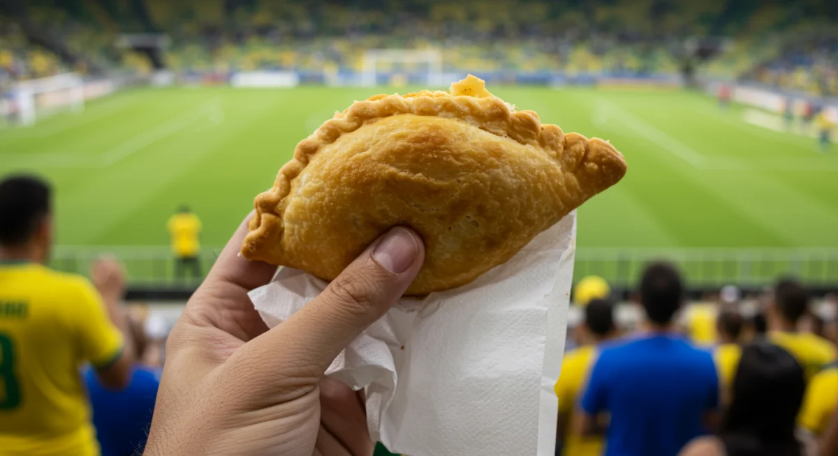 Mão segurando um pastel de feira crocante e recheado, um clássico da culinária de estádio brasileiro, com o fundo desfocado das arquibancadas.