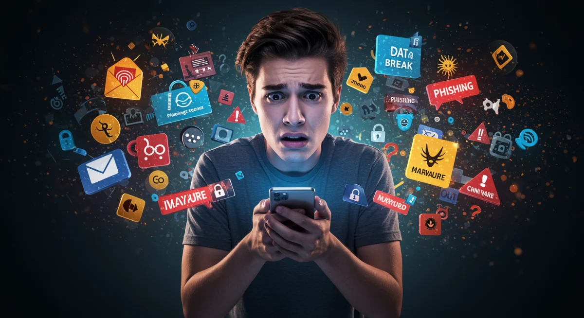 Pessoa confusa com smartphone, rodeada por ícones de golpes digitais.