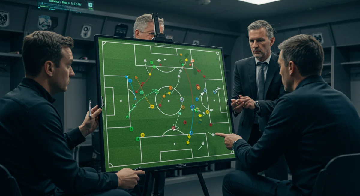 Táticas de futebol: análise aprofundada de um esquema 3-4-3 em uma prancheta de treinador.