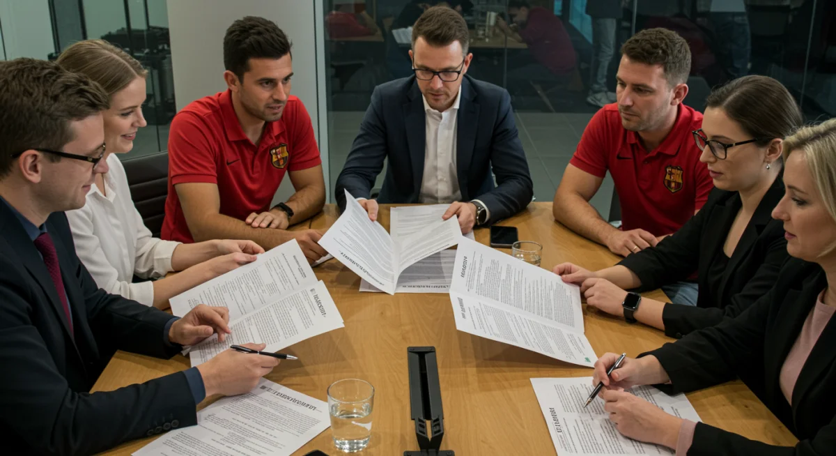 Profissionais do esporte, incluindo atletas e gestores, em uma reunião discutindo documentos sobre a regulamentação de apostas, simbolizando a necessidade de preparação e adaptação.