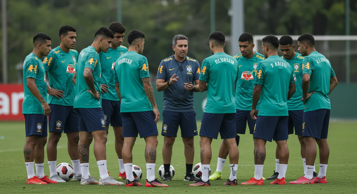 Psicólogo esportivo conversando com jogadores de futebol brasileiros em um treino, focando em estratégias mentais e coesão de equipe.