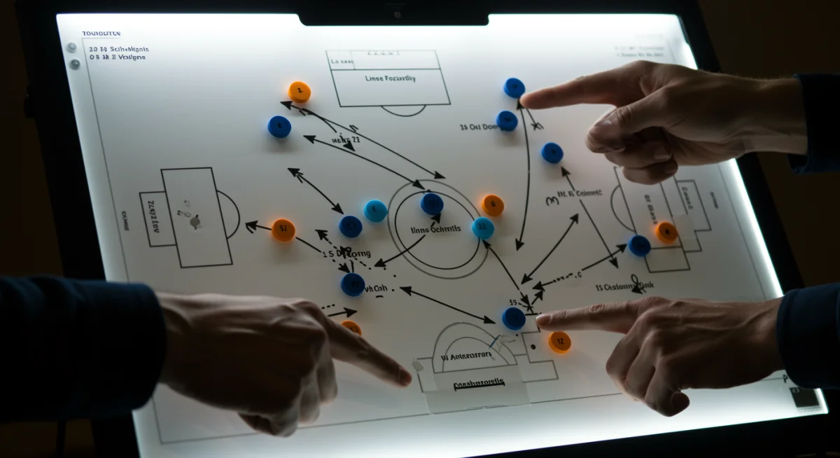 Quadro tático de futebol com formações complexas, mãos de um treinador explicando estratégias de jogo, simbolizando a inovação tática.