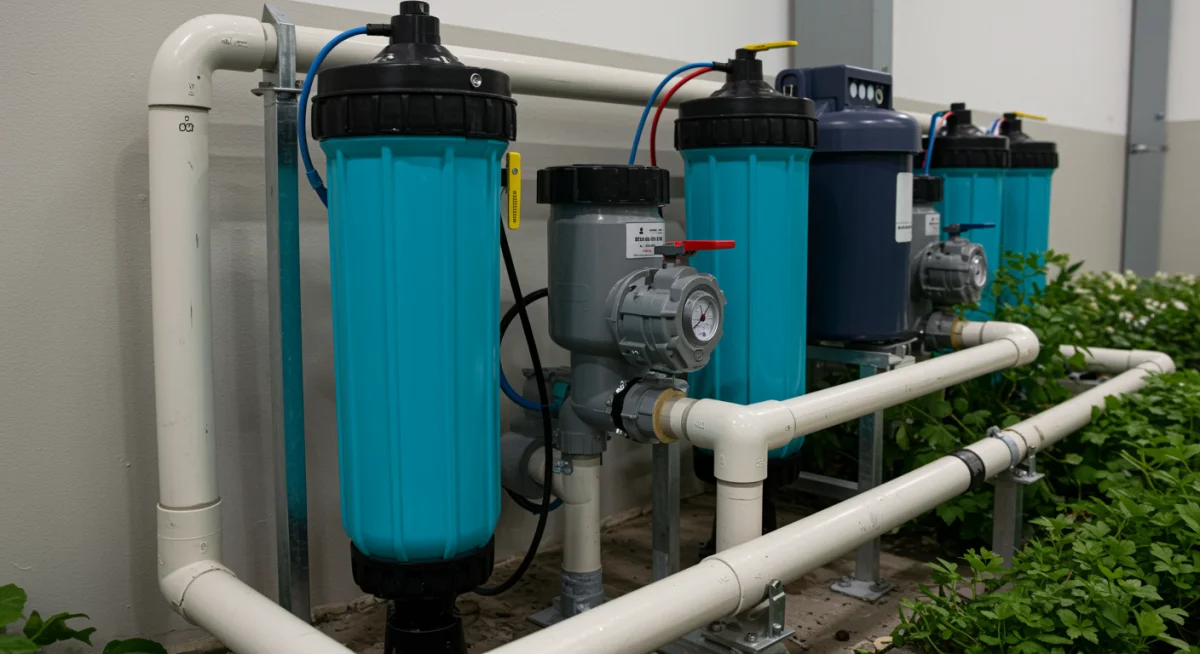 Sistema de reciclagem de água em um centro de treinamento de futebol, demonstrando eficiência hídrica e redução de custos.