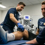 Atleta de futebol recebendo tratamento de recuperação em centro esportivo moderno, com foco na perna e equipamentos tecnológicos.