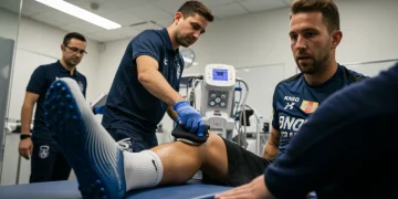 Atleta de futebol recebendo tratamento de recuperação em centro esportivo moderno, com foco na perna e equipamentos tecnológicos.