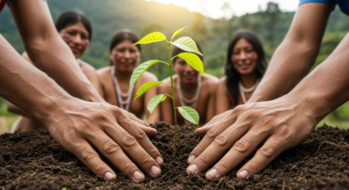 Mãos plantando uma muda de árvore, representando o reflorestamento e a sustentabilidade.