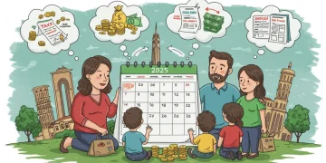 Família brasileira observa calendário de 2025, refletindo sobre as mudanças da Reforma Tributária e seus impactos financeiros.