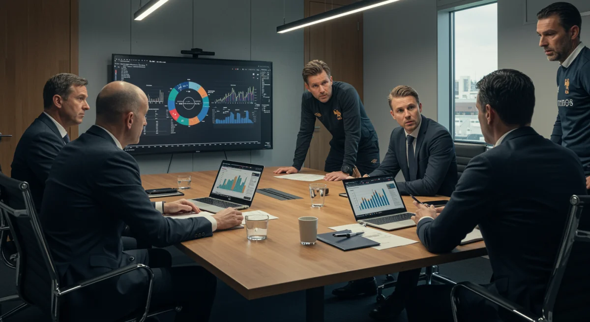 Equipe de gestão de clube de futebol em reunião estratégica para superar desafios financeiros e esportivos.