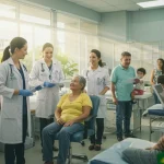 Profissionais de saúde atendendo pacientes em uma clínica moderna do SUS, simbolizando investimentos e melhorias na saúde pública brasileira.