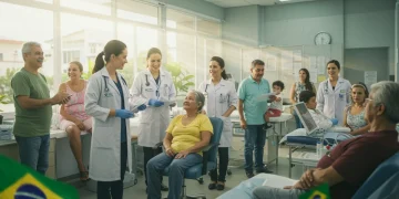 Profissionais de saúde atendendo pacientes em uma clínica moderna do SUS, simbolizando investimentos e melhorias na saúde pública brasileira.