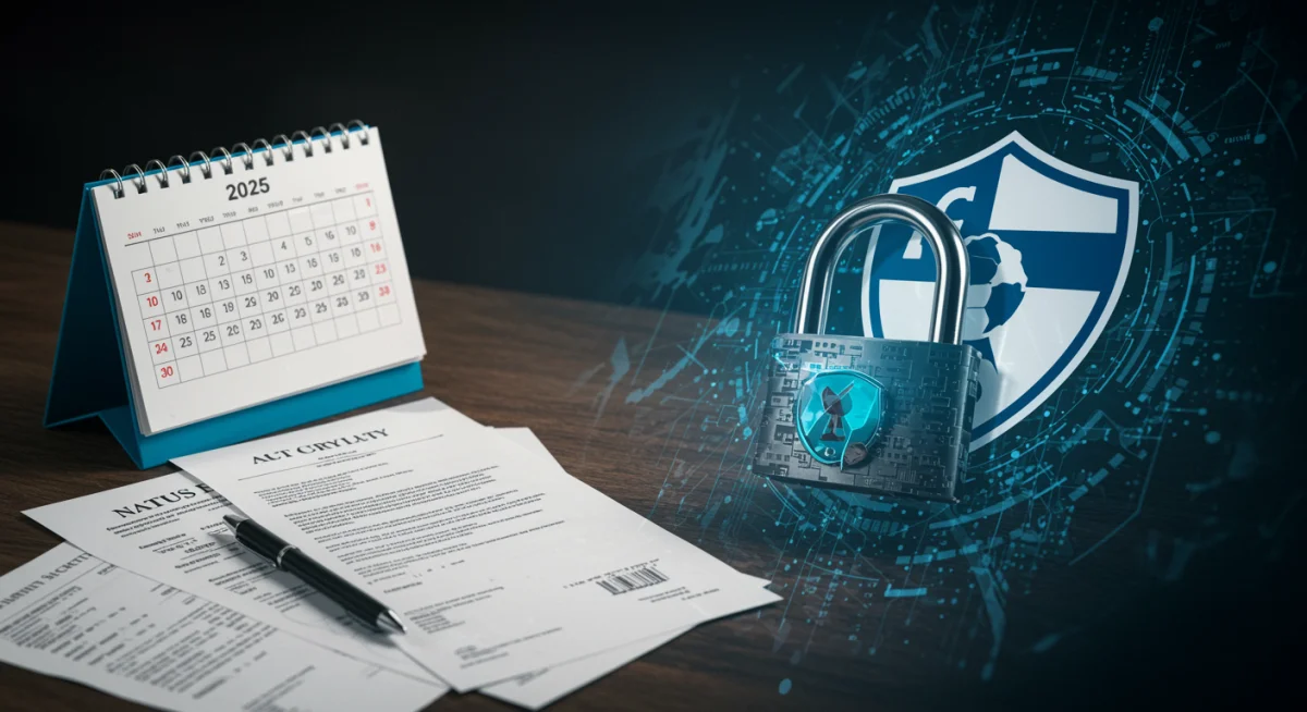 Cadeado digital protegendo o escudo de um clube de futebol, com documentos legais e calendário destacando 2025, simbolizando a segurança de dados e prazos da LGPD.