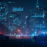 Cidade futurista com projeções digitais de dados de segurança pública e viaturas policiais nas ruas, simbolizando a redução da criminalidade em 2025.