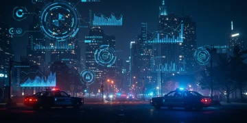 Cidade futurista com projeções digitais de dados de segurança pública e viaturas policiais nas ruas, simbolizando a redução da criminalidade em 2025.