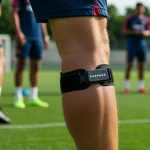 Atleta brasileiro usando sensor de monitoramento avançado durante treino de futebol em campo verde.