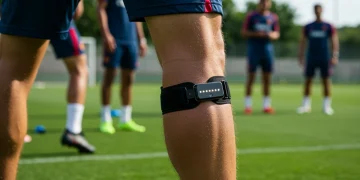 Atleta brasileiro usando sensor de monitoramento avançado durante treino de futebol em campo verde.