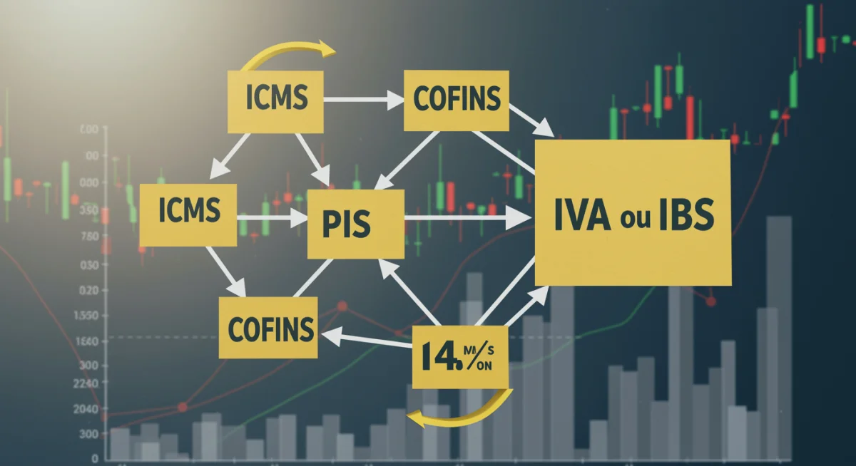 Infográfico detalhando a simplificação de impostos com a unificação de tributos na Reforma Tributária.
