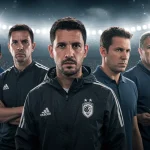 Seis técnicos estrangeiros de futebol em campo, com expressões de foco, representando a inovação e liderança tática no futebol brasileiro da Série A 2024.