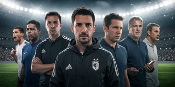 Seis técnicos estrangeiros de futebol em campo, com expressões de foco, representando a inovação e liderança tática no futebol brasileiro da Série A 2024.