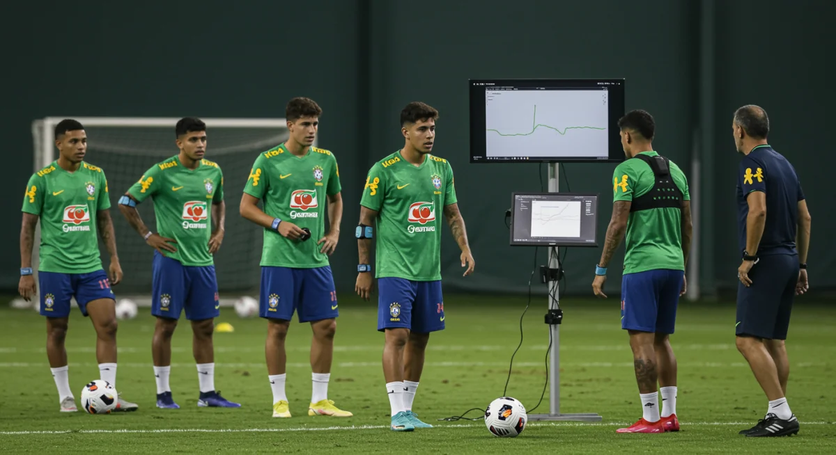 Jovens jogadores brasileiros treinando com equipamentos tecnológicos avançados, incluindo rastreadores GPS e telas de análise de desempenho, em um centro de treinamento moderno. Treinadores supervisionam e interagem com os dados em tempo real.
