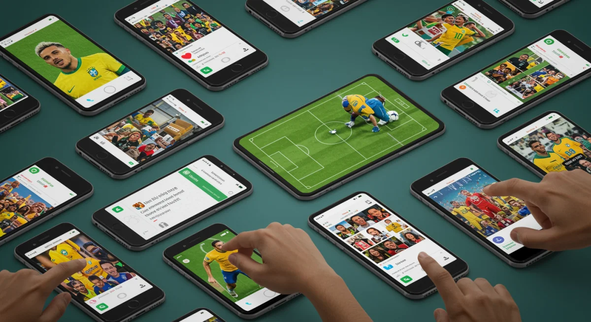 Mosaico de telas de smartphones com conteúdo de futebol em mídias sociais