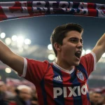 Torcedor apaixonado usando a nova camisa do seu clube, comemorando em um estádio lotado ao pôr do sol.